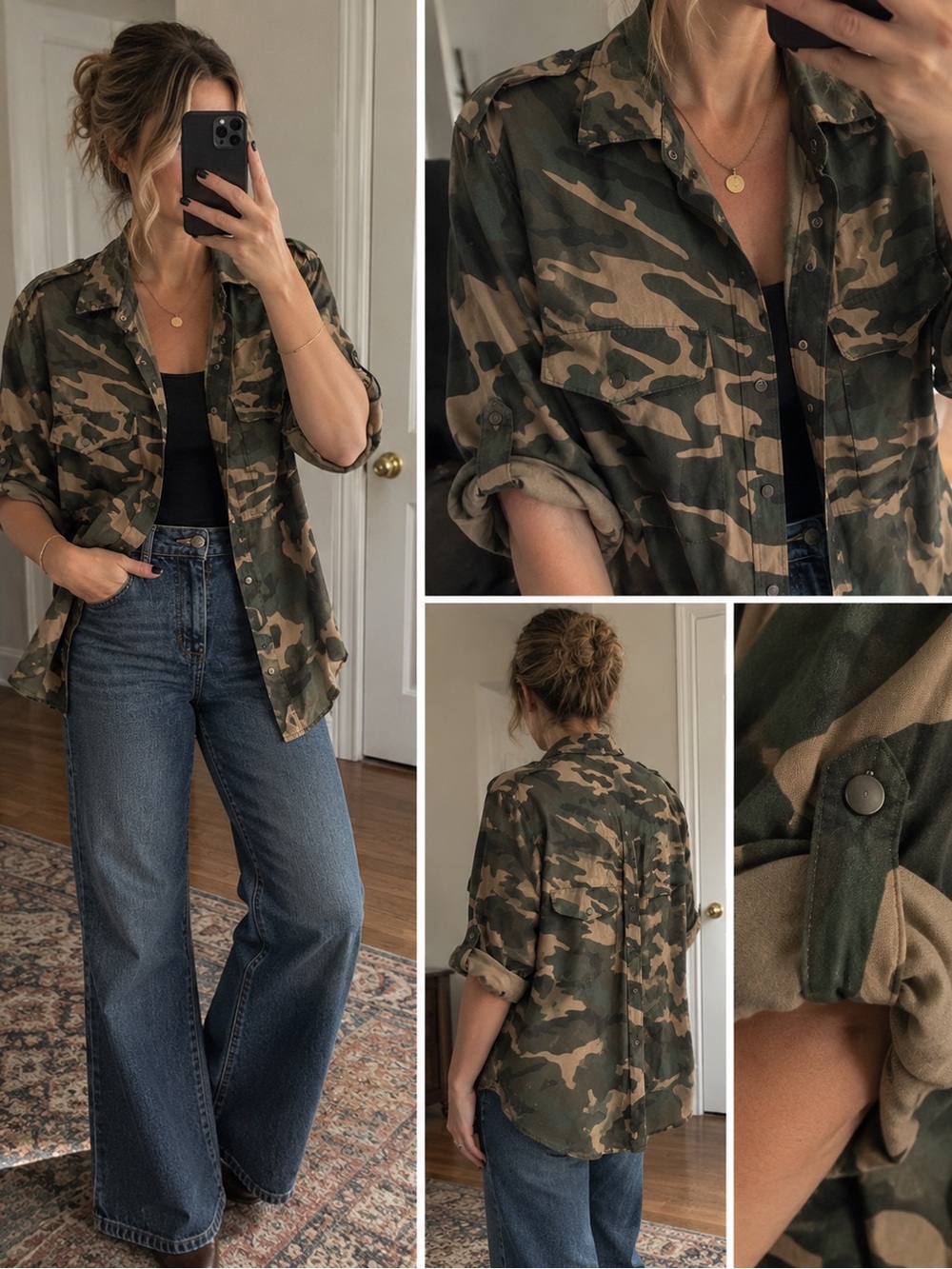 NWOT Sanctuary Camo Boyfriend Roll Tab Utility Button Down Shacket Women’s Med